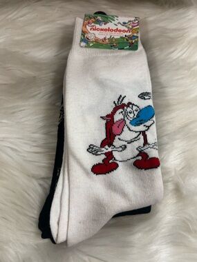 Nickelodeon White Ren & Stimpy Cartoon Crew Socks with Red & Blue Accents 2 pair
